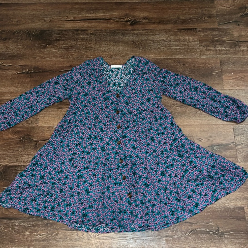 Floral Fall Boho Tiered Button Down Dress like New Med